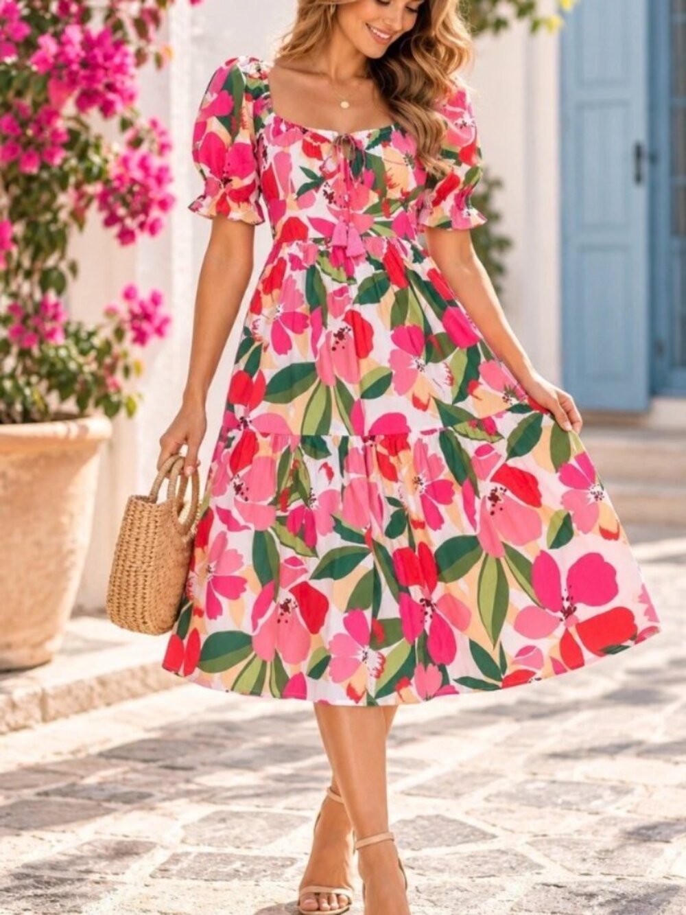 NWT Vince Camuto Pink Floral Tie Neck/Tassel Puff Sleeve Midi Dress. Size 4
